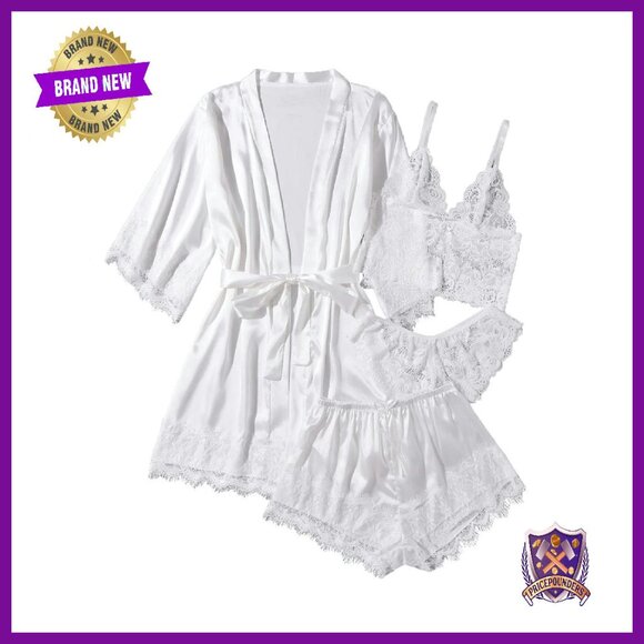 Satin Pajama Set 4pc Lace Trim Robe Sleepwear XS-XXL